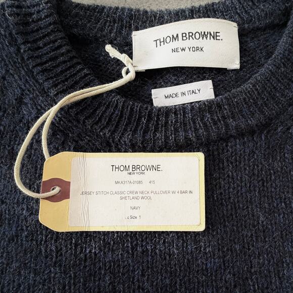 THOM BROWNE: Men's Navy Shetland Wool Crew Pullover - 1 - Picture 3 of 9
